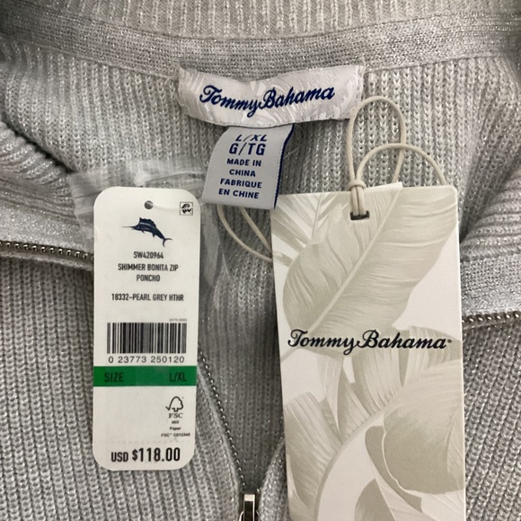 NEW W/T TOMMY BAHAMAS L/XL SHIMMER BONITA ZIP SWEATER PONCHO PEARL GRAY HEATHER - Picture 9 of 10